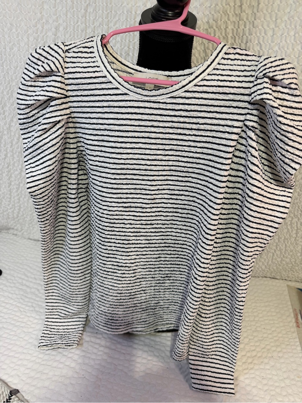 LOFT Black & White Striped Puff-Sleeve Long Sleeve Tee